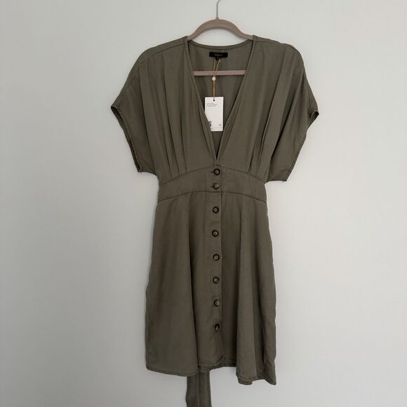 Quince Dresses & Skirts - Quince Olive Green Tencel Button Front Dress Tie Waist V-Neck Short Sleeve M